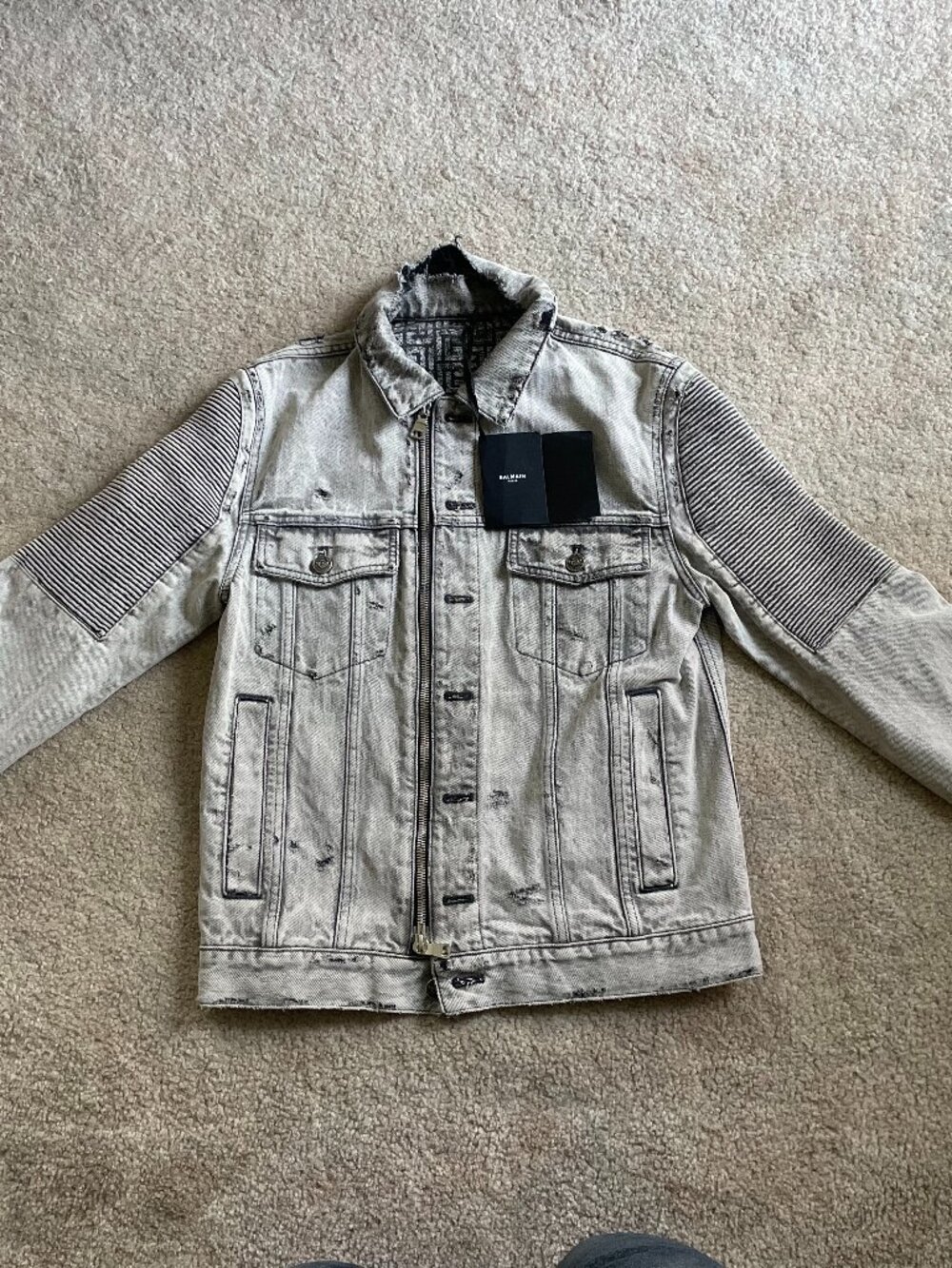 Balmain Paris Distressed Denim Biker Jacket Gray 46 Made Japan NWT TC110147D